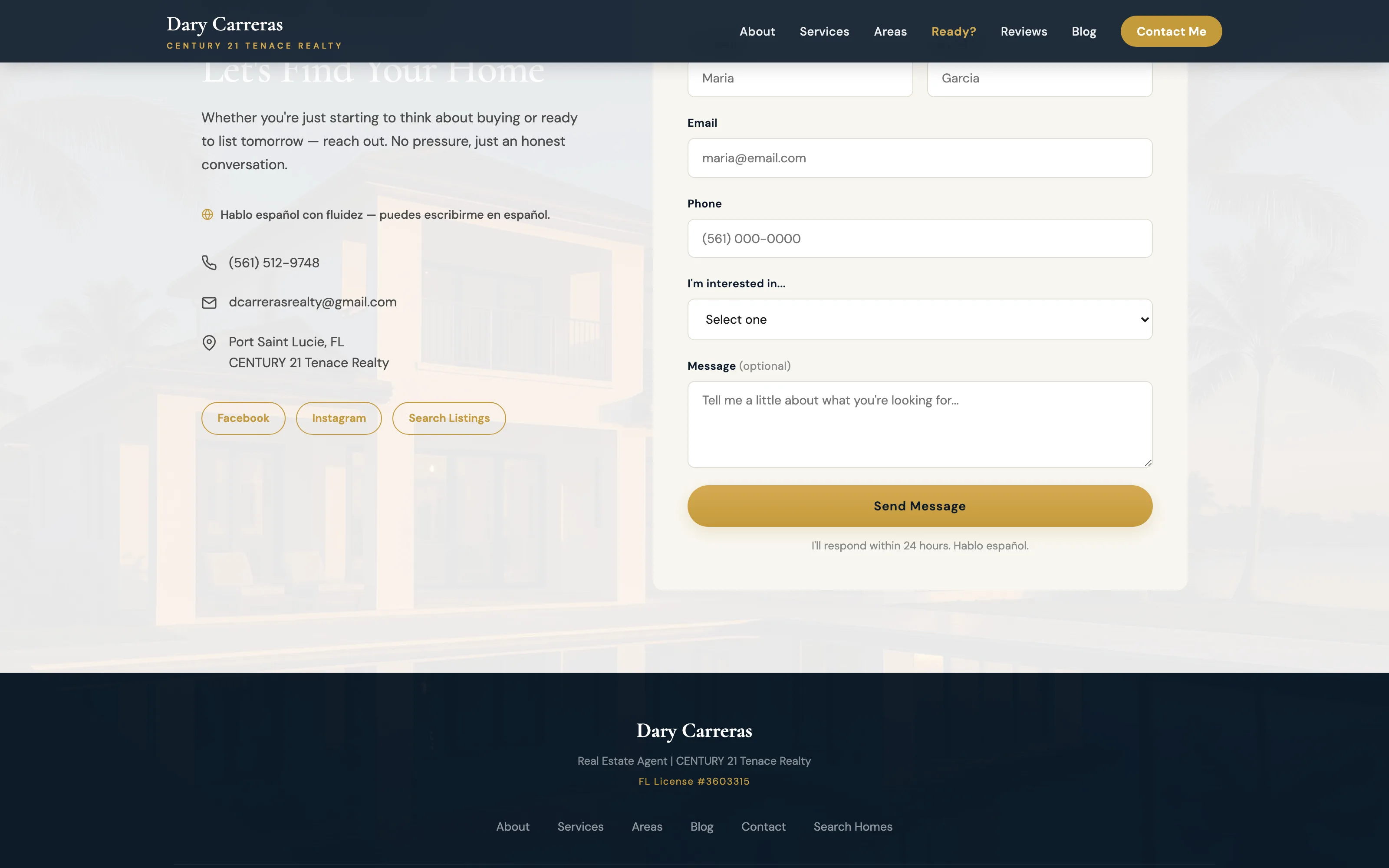 Dary Carreras Realty — Contact + footer