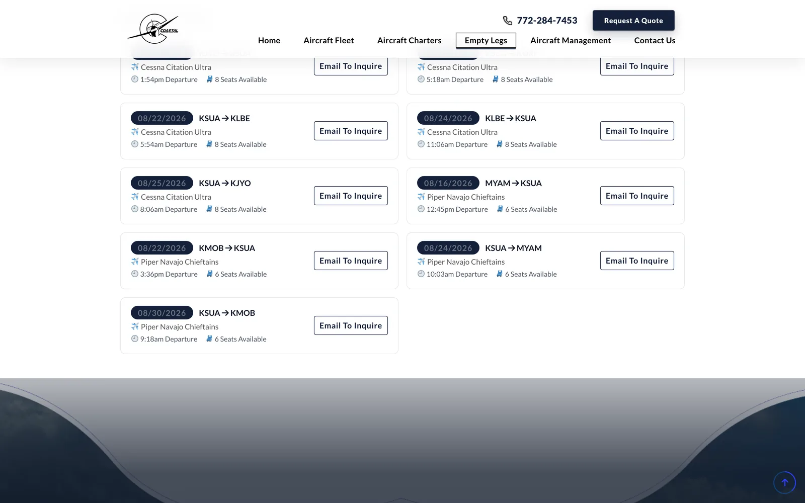 Coastal Connections Aircraft Charter — Empty legs · live inventory