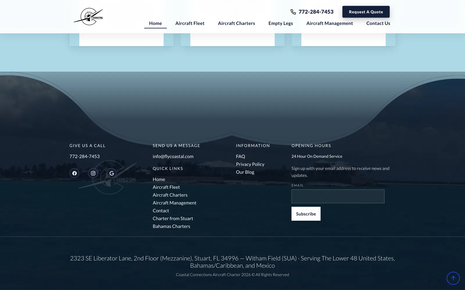 Coastal Connections Aircraft Charter: Footer · address + phone