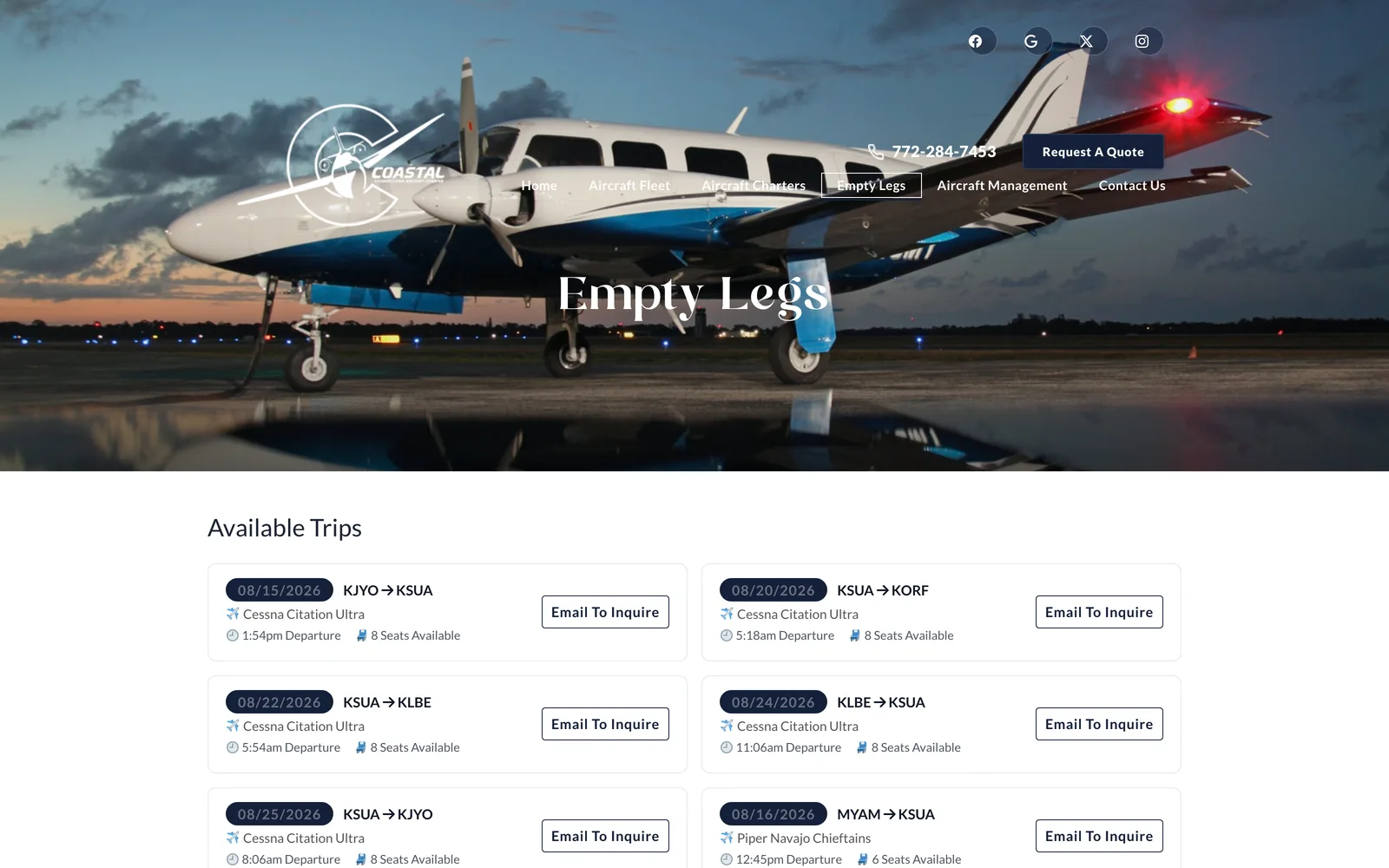 Coastal Connections Aircraft Charter — Footer · address + phone