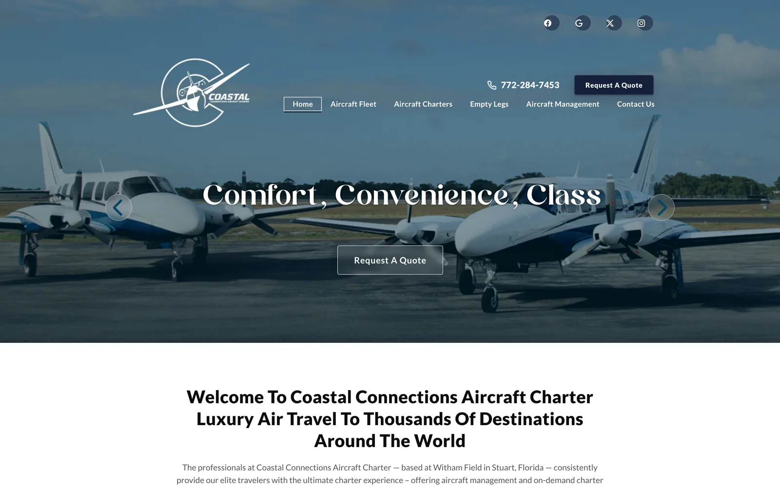 Coastal Connections Aircraft Charter — Hero + request a quote