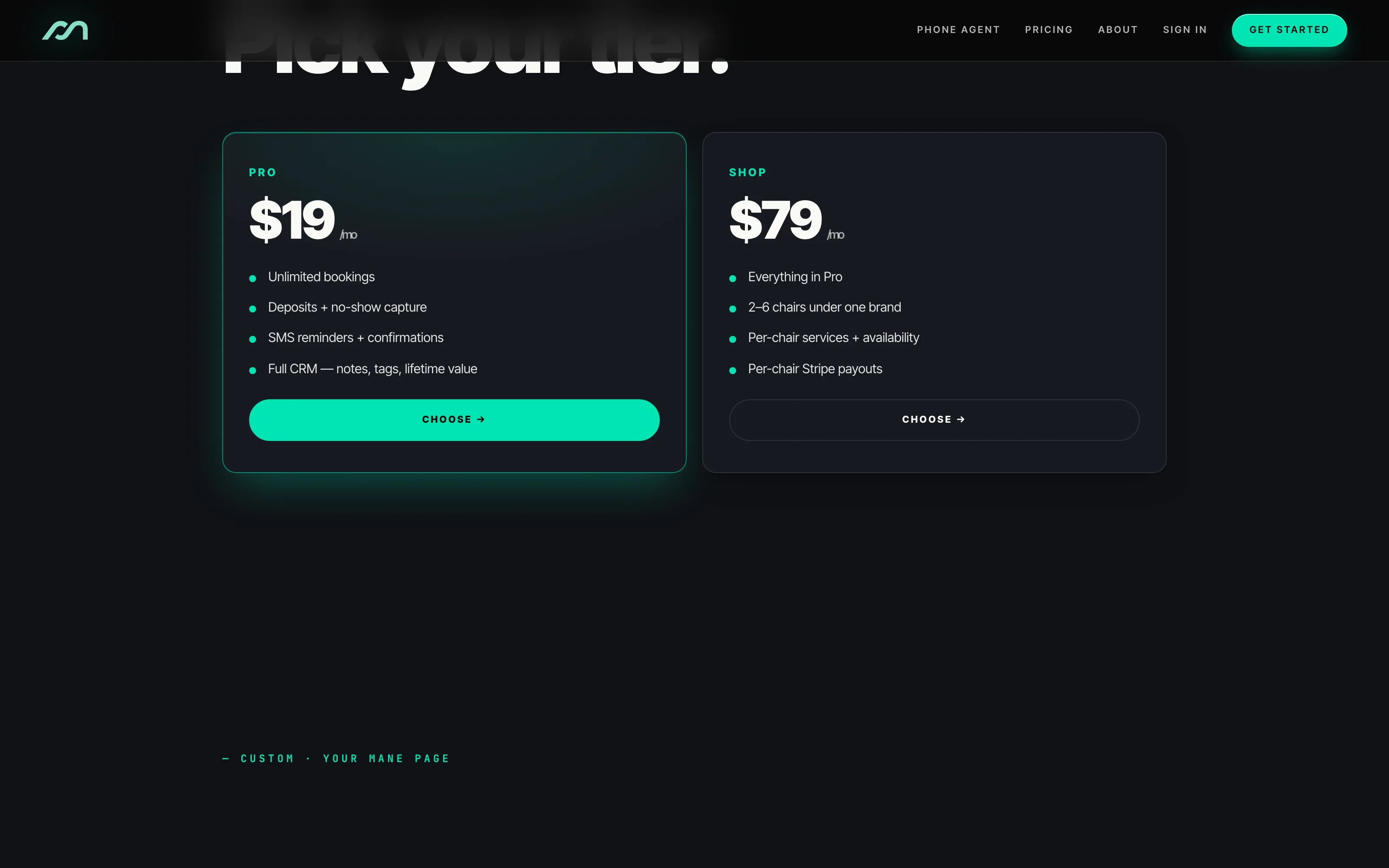 Mane · the platform — Pricing tiers