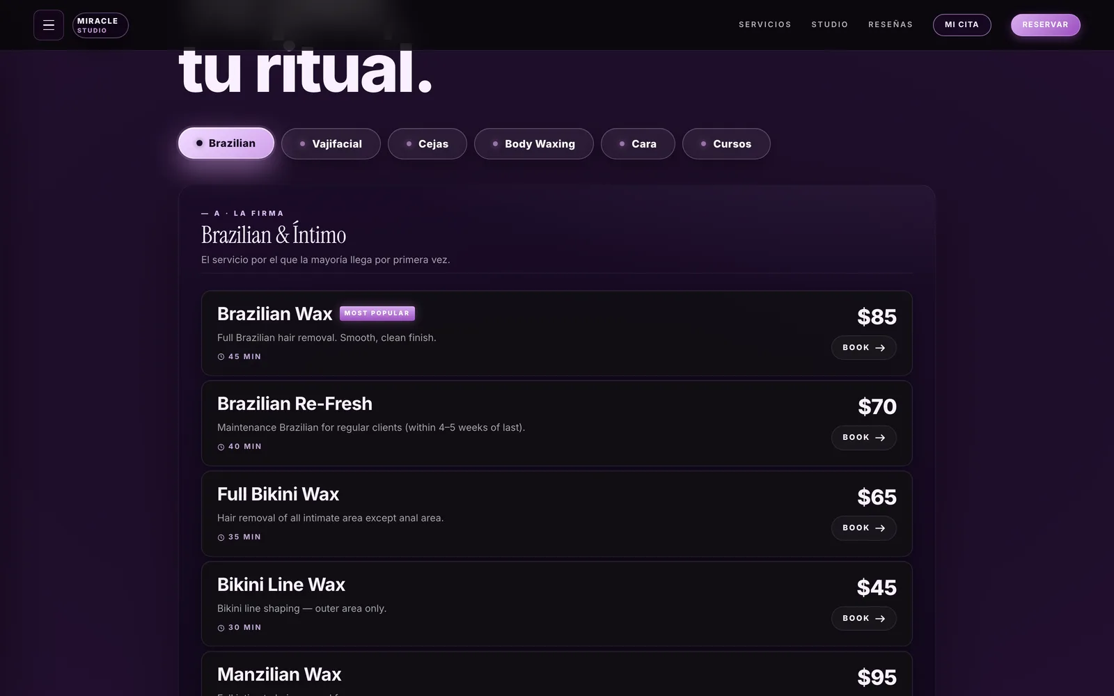 Miracle Studio by Yazmarie — Servicios · tabbed menu