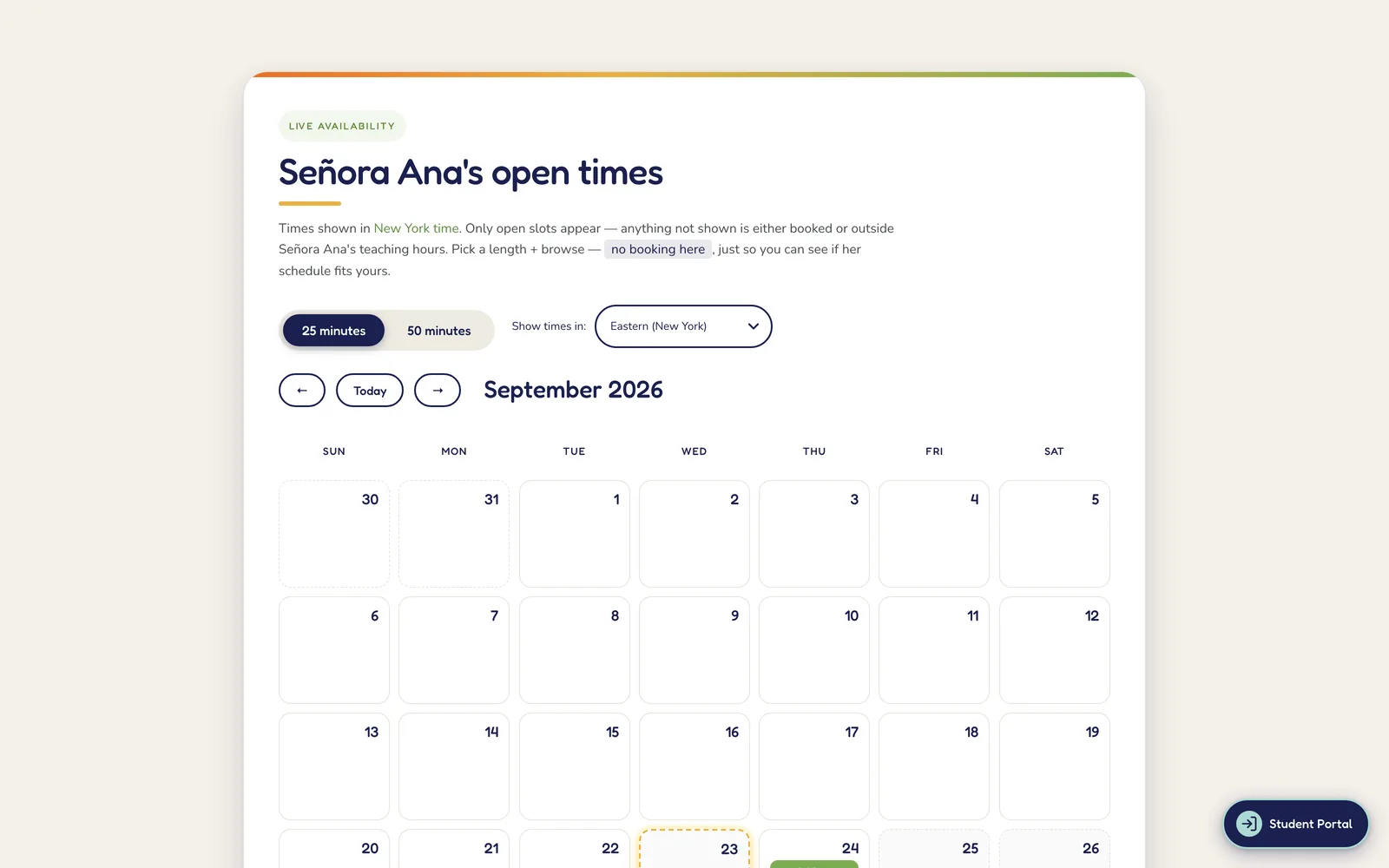 The Spanish Club · Parent Portal: Live availability · in the parent's timezone