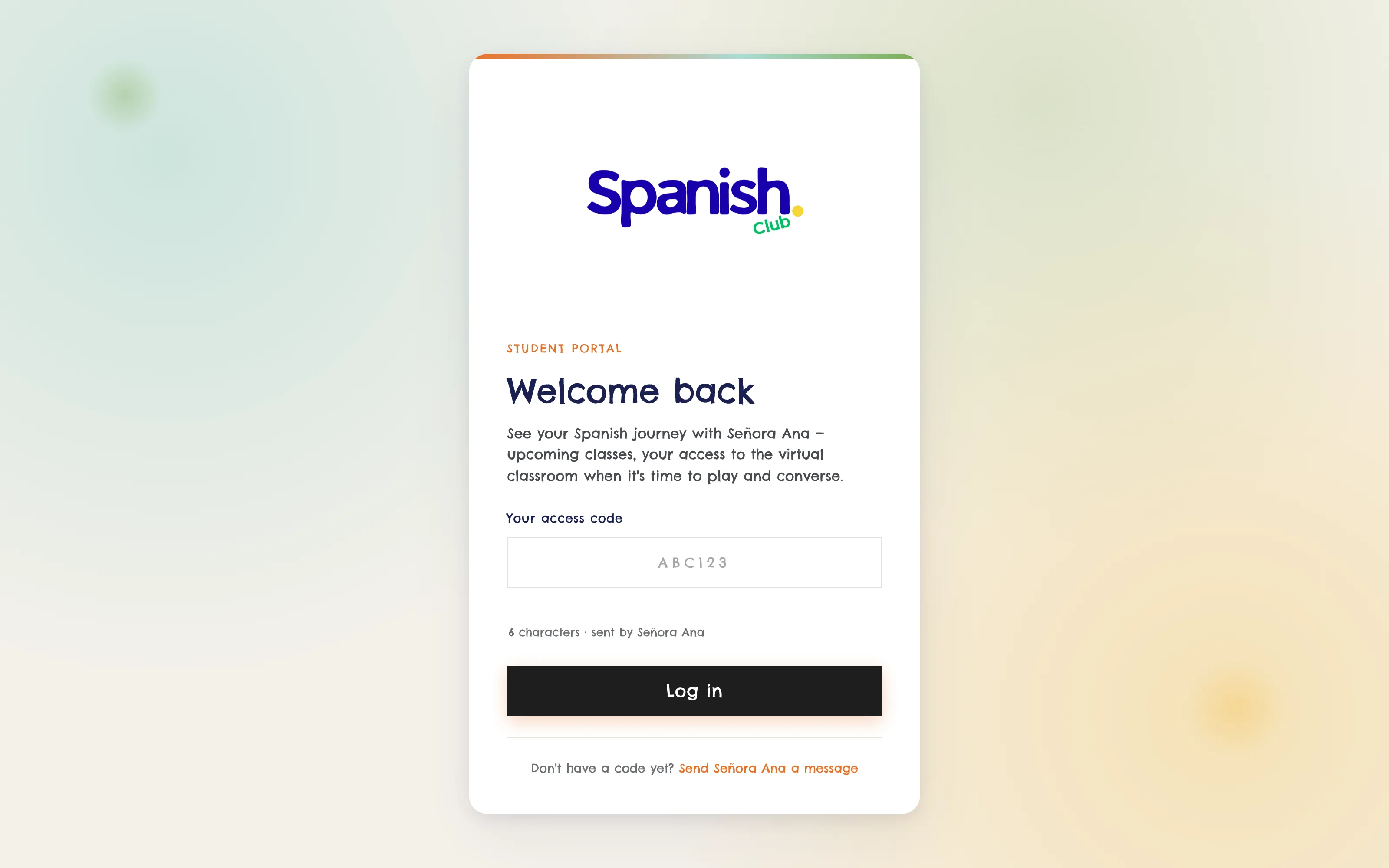 The Spanish Club · Parent Portal — Parent portal · access-code login